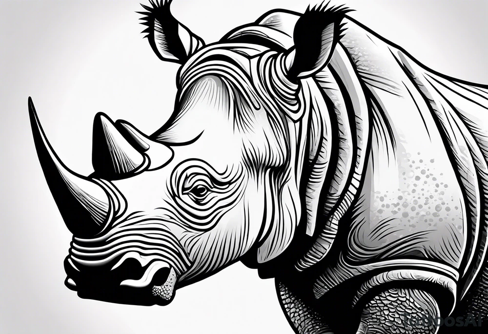 A front-facing rhino head with a sharp elongated tusk that appears angry and fierce. Ears pointed straight up and forward a bit. tattoo idea