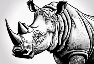 A front-facing rhino head with a sharp elongated tusk that appears angry and fierce. Ears pointed straight up and forward a bit. tattoo idea