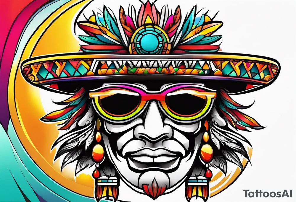 Colorful Mayan theme sunglasses tattoo idea