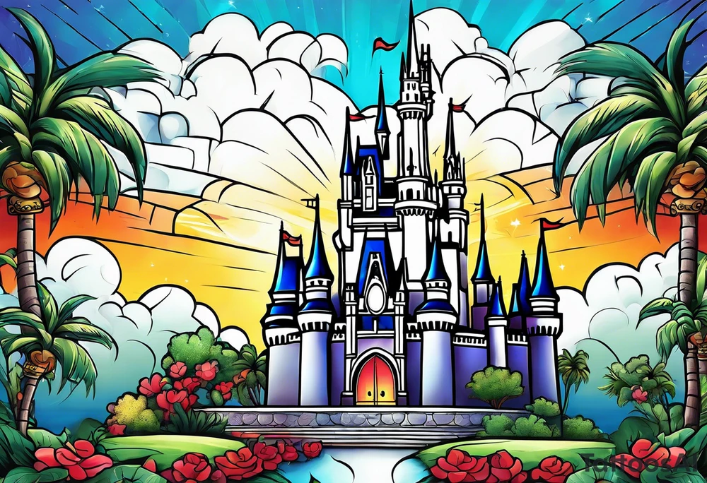 disney castle with a lightning storm palm trees and a mickey mouse tattoo idea