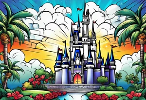 disney castle with a lightning storm palm trees and a mickey mouse tattoo idea