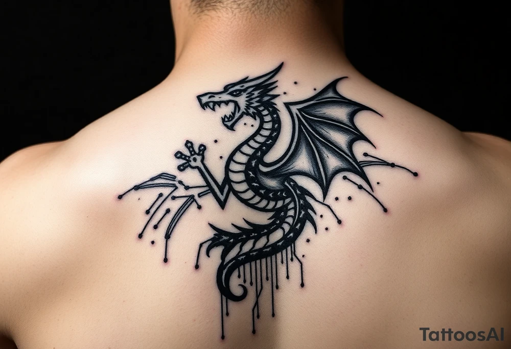 network security red team offensive security theme. Kali linux dragon emblem breaking through skin. Underneath the skin is a techy design like a circuit board or network map tattoo idea