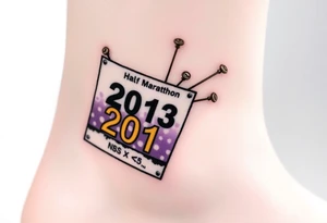 Racing half marathon bib 2013 purple and gold running safety pins piercing the skin running tattoo idea