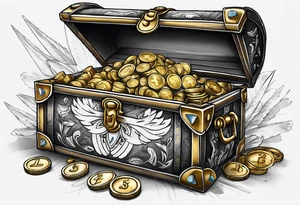 idea of adding Lucky stats to this tattoo. using 3 arrows to representing Luck, arrows stick on to a opened treasure box with gold and coins spreading everywhere. show SKINBUFF on the tattoo. tattoo idea