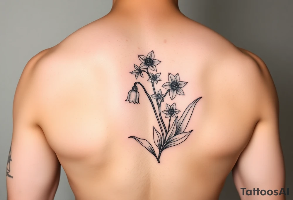 Coquis, stamp with daffodils, Lily of the valley, larkspur tattoo idea