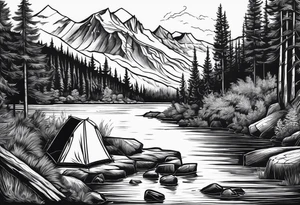 Small campfire on the coast of a mountain stream, in the back is some evergreen tall trees tattoo idea