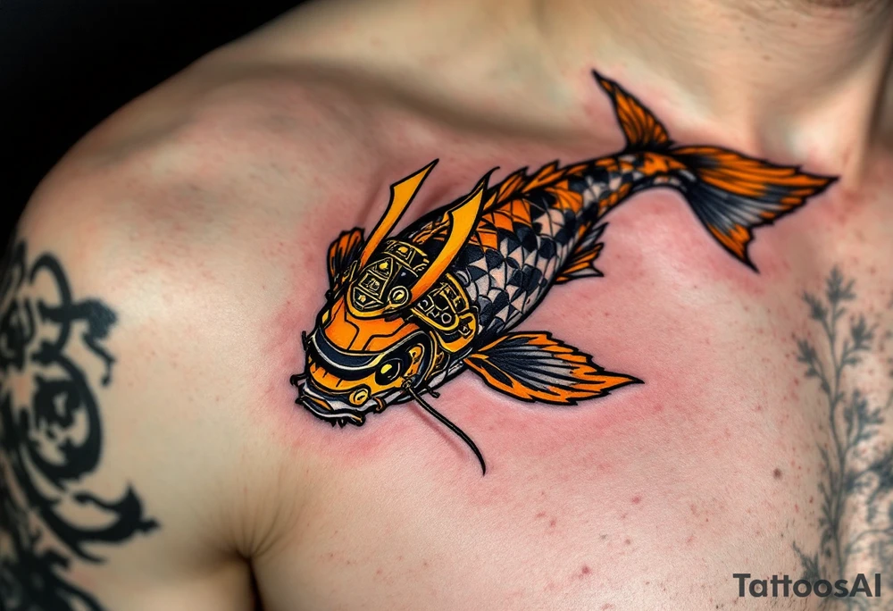 Black and Gold Koi with Samurai Helmet – A bold koi featuring black and gold coloring, swimming beneath an ornate samurai kabuto (helmet), representing honor and bravery. tattoo idea