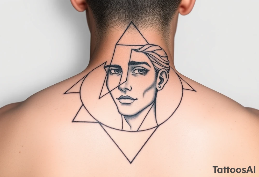 Abstract human face in fine-line style, partially inside overlapping geometric shapes like triangles and circles. Symbolic of thought, identity, and order. tattoo idea
