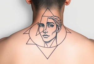 Abstract human face in fine-line style, partially inside overlapping geometric shapes like triangles and circles. Symbolic of thought, identity, and order. tattoo idea