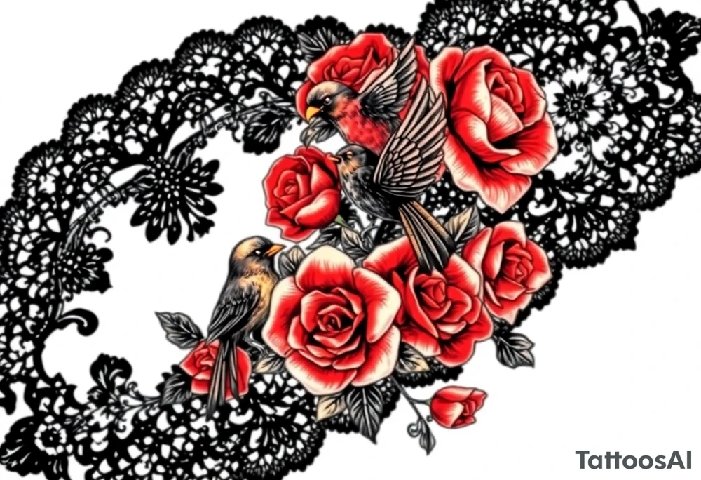 Vintage black lace, red roses, red birds, vintage, wrap around, tighter together, no space open tattoo idea