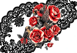 Vintage black lace, red roses, red birds, vintage, wrap around, tighter together, no space open tattoo idea