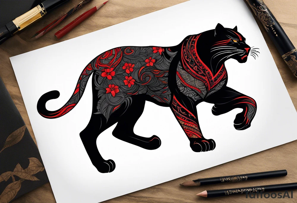 unique black panther tattoo, dynamic pose, showcasing its strength and grace, striking red eyes, intense and captivating elements, artistic flair, blending realism with abstract elements tattoo idea