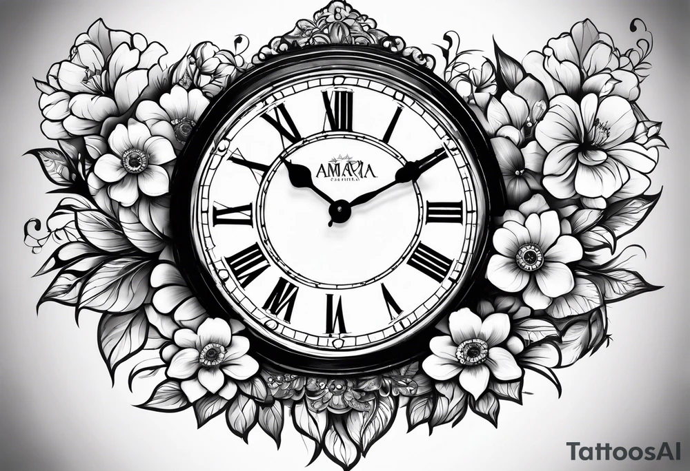 Aniya 6:51pm, Amari 4;57pm, Ameer 5:33am flower clocks teddybears half sleeve children deducation tattoo idea
