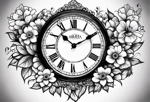 Aniya 6:51pm, Amari 4;57pm, Ameer 5:33am flower clocks teddybears half sleeve children deducation tattoo idea