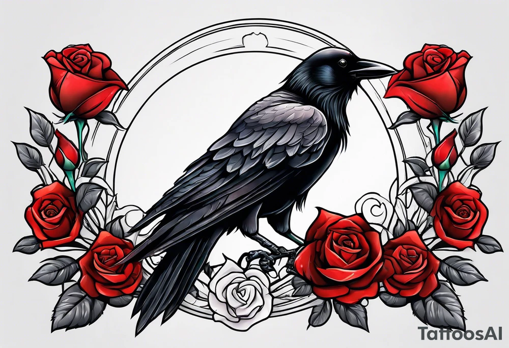 Crow standing holding a red rose tattoo idea