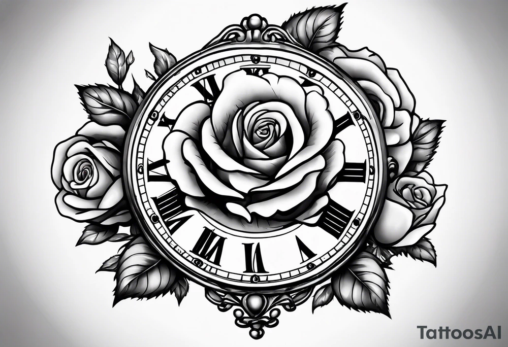 Pocket clock with chain and roses tattoo idea