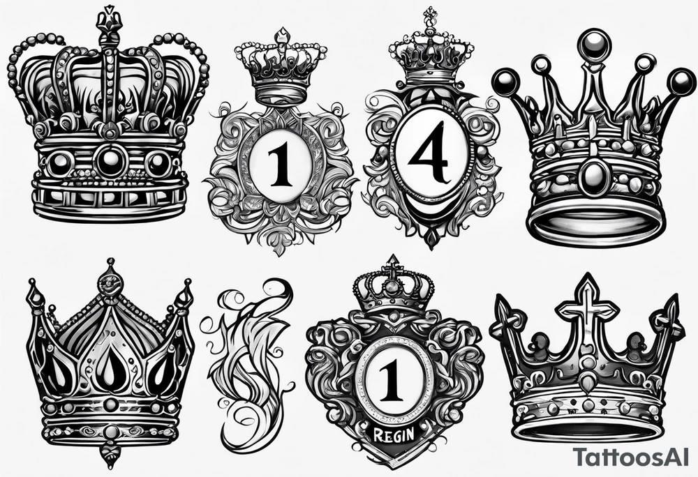 Kids names “Raaj” and “Reign” with the number 11 and crowns for their royalty tattoo idea