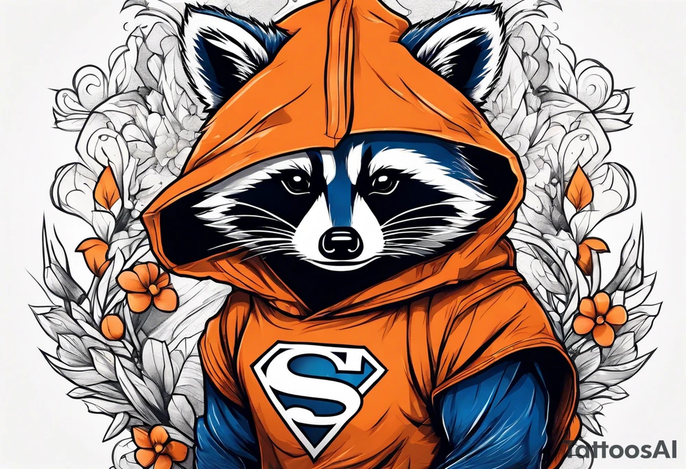 Raccoon wearing an orange Superman hoodie tattoo idea