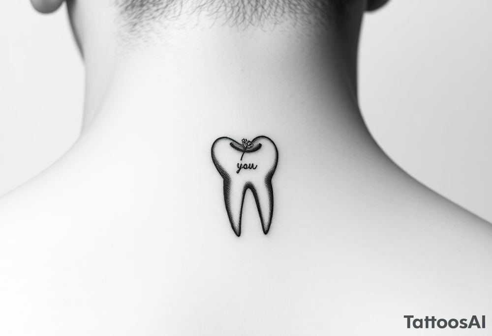 Fine-line molar tooth with a single delicate wildflower stem (like lavender or baby’s breath) leaning across it, soft dot-work shading, very light and airy, small behind-ear tattoo.” tattoo idea