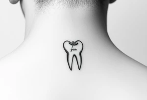 Fine-line molar tooth with a single delicate wildflower stem (like lavender or baby’s breath) leaning across it, soft dot-work shading, very light and airy, small behind-ear tattoo.” tattoo idea