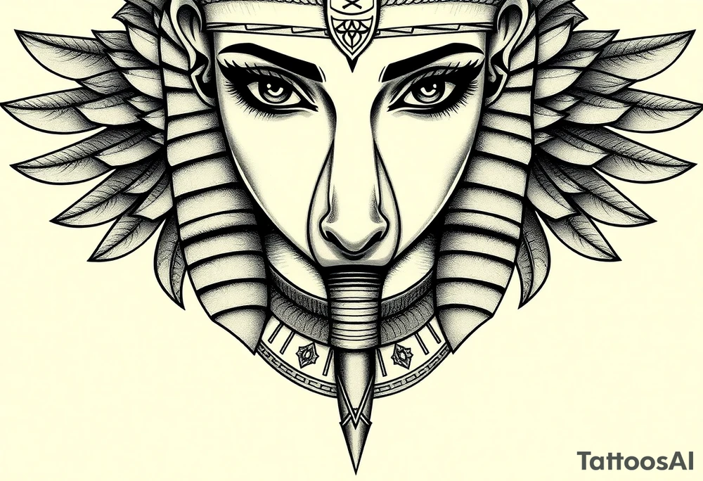 Tatuagem egípcia feminina detalhada, representando o deus egipicio Horus na sua representação animal de falcão segundo a mitologica egipicio, com adornos e simbolos tradicionais egípicios, a figura está em posição frontal, com detalhes hieroglíficos sutis ao redor, integrados harmonicamente. Fundo minimalista, inspirado em papiro antigo, com tons terrosos suaves. Estilo artístico com traços finos, sombra leve para destacar volume, ideal para a parte frontal da canela, transmitindo elegância e misticismo. tattoo idea
