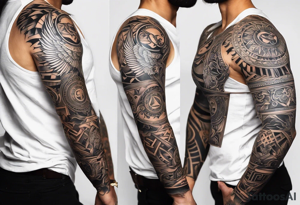 A full tattoo sleeve inspired by Greek mythology, centered around the Greek goddess Athena. Athena is portrayed with a strong, commanding presence, symbolizing wisdom, strength, and warfare. The design emphasizes bold, clean lines with a focus on sharp contrasts, creating a powerful and dynamic visual impact. Surrounding Athena, incorporate a mandala effect with geometric patterns that evoke a sense of order and strategy, reflecting her role as a warrior goddess. The sleeve also features masculine elements such as a fierce owl with piercing eyes, an ornate warrior’s helmet, and olive branches intertwined with Spartan-style armor, all seamlessly integrated into the design. The overall aesthetic is strong, rugged, and heroic, capturing the essence of Athena’s wisdom and martial prowess in a way that resonates with a masculine energy. tattoo idea