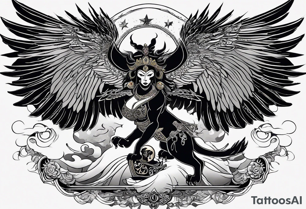 black kali, goddess pirate, alien, angel, pachamama, valkrye, warrior, flying, skull, lotus azul, wing, eagle, zenza resonance, stars, 5D, anahata chakra, death, durga, riding on a tiger, flying lady tattoo idea