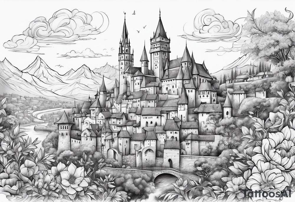 medieval tribal city
floral land sky vignette tattoo idea