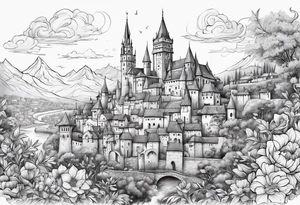 medieval tribal city 
floral  land sky vignette tattoo idea