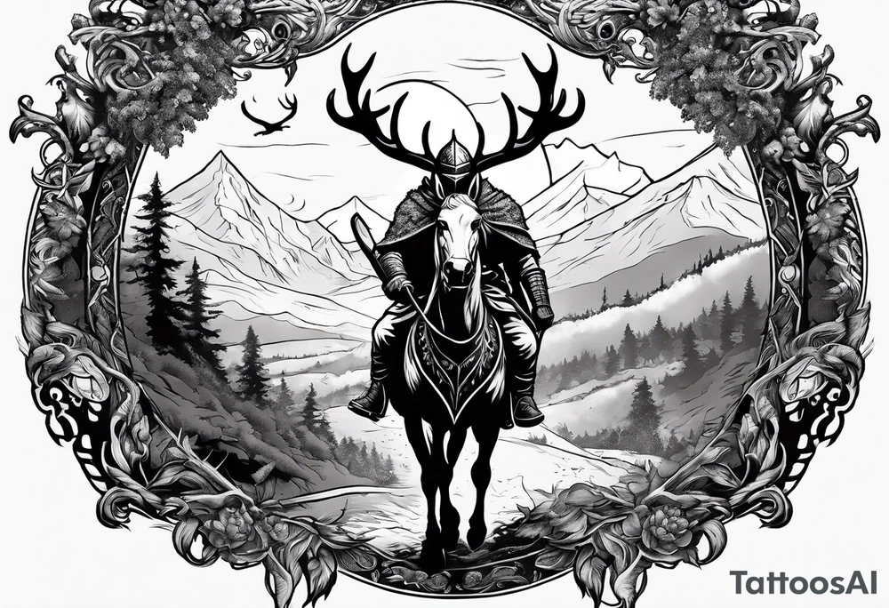 Hooded viking in the land of the dead riding on a raindeer with no face tattoo idea