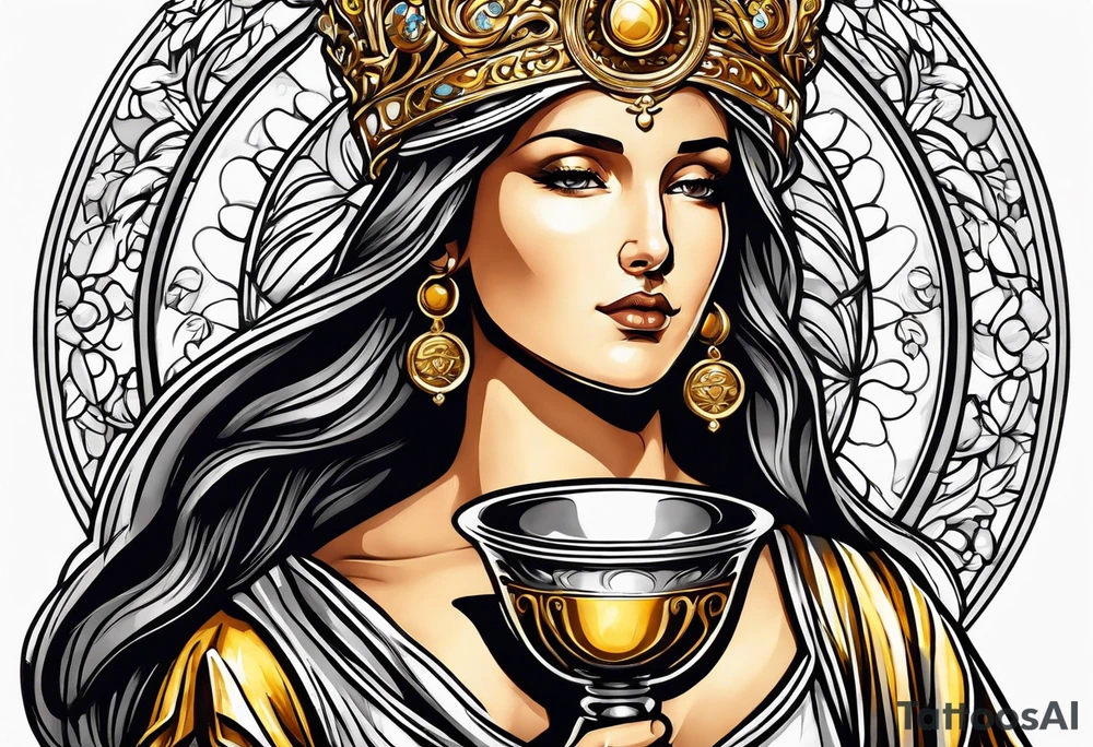 holy saint woman with golden halo holding a chalice tattoo idea