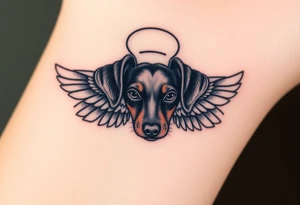 Dachshund ears inside wings with a halo above tattoo idea