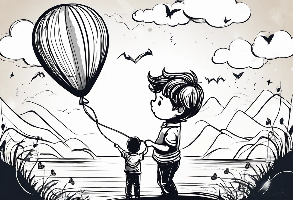 tatoo in sketch style only.
A little boy is holding a string to the hearth shaped small party baloon.
boy should be drawed from behind and has one hand reaching up in 45 degree angle and holding the baloon string
On the string is a wave which look like a hearbeat pulse.
draw it without any scenery, without any background. Just a boy 
Add heartbeat pulse on the string tattoo idea
