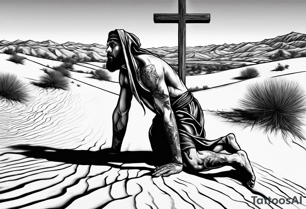 man crawling in a desert reaching to the cross of Christ tattoo idea