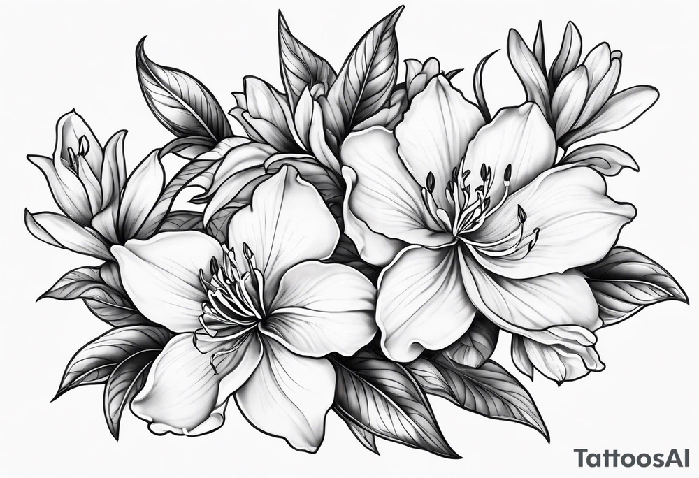 Azaleas with 5 petals, buds, leaves; curved design tattoo idea