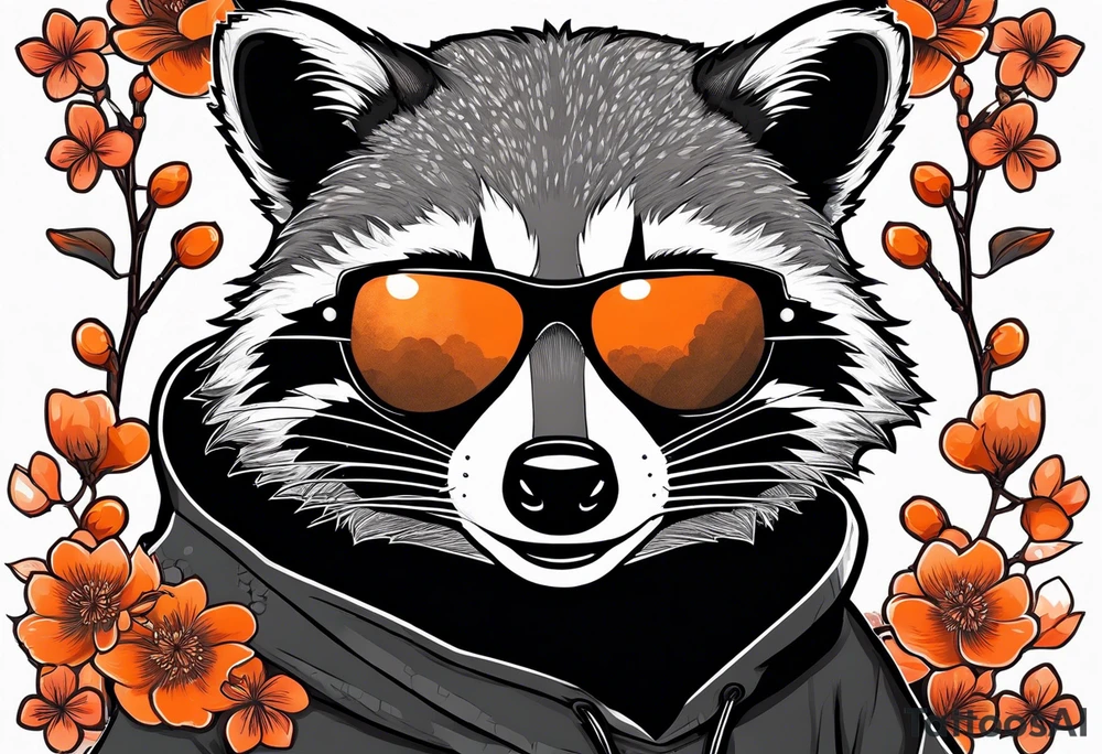 Raccoon wearing a white Superman logo on a black hoodie and orange Japanese cherry blossoms beside tattoo idea