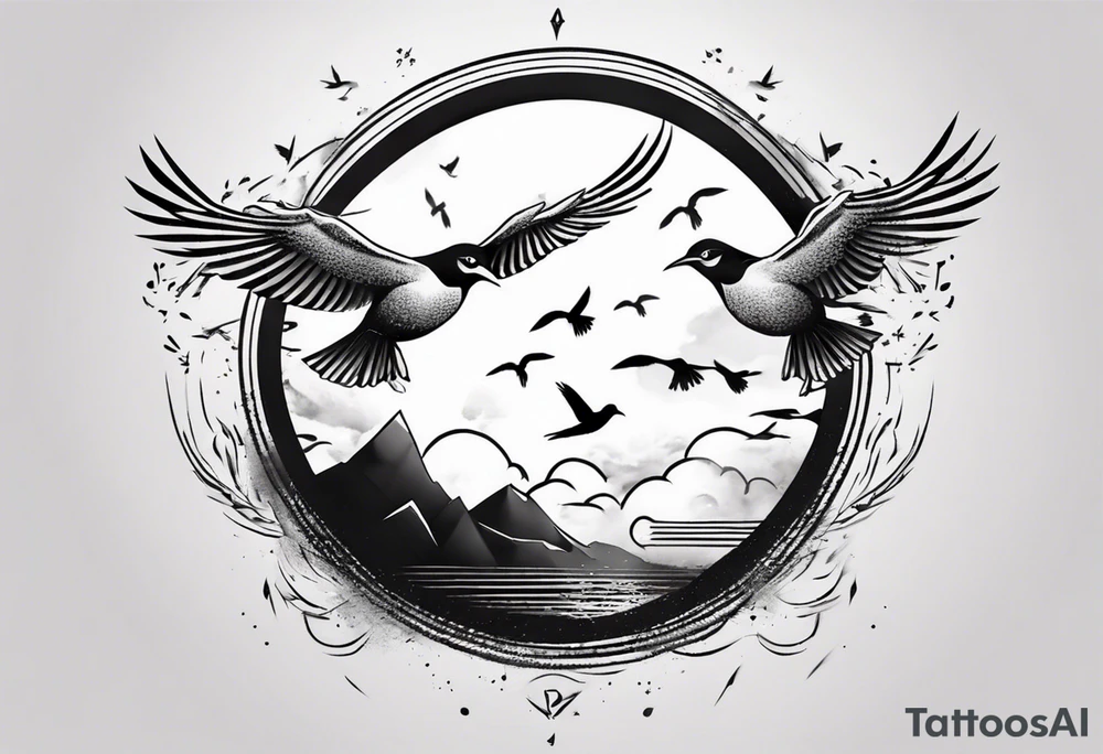 shoulder tattoo with light rays with birds flying free among the clouds, round shape, with gradient ends tattoo idea