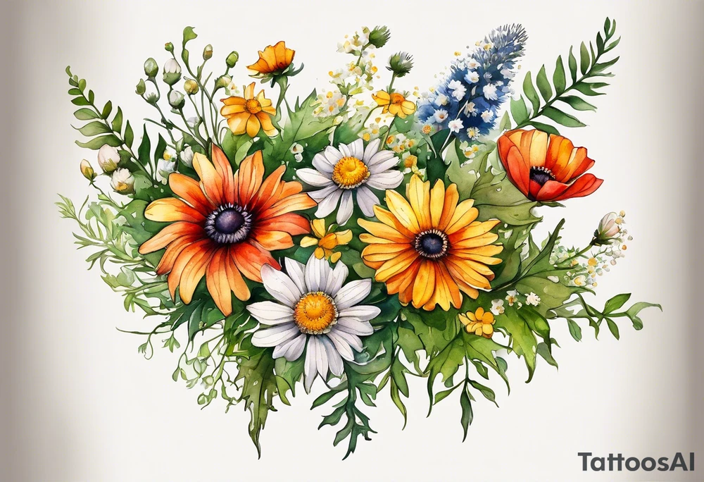 simple wildflowers cascading with thistles, ferns, white anemones, sun flowers, yellow flowers, red flowers, green flowers, buttercups, orange flowers, babys breath and daisies all in watercolor tattoo idea
