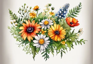 simple wildflowers cascading with thistles, ferns, white anemones, sun flowers, yellow flowers, red flowers, green flowers, buttercups, orange flowers, babys breath and daisies all in watercolor tattoo idea