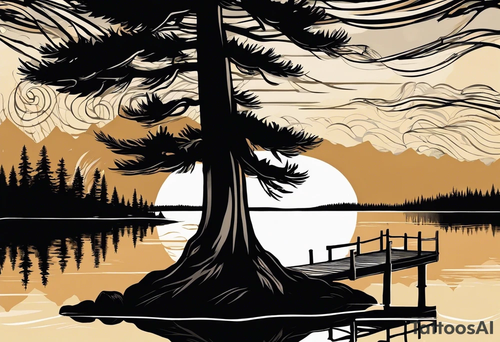Sleeve tattoo windswept pine tree before lake with low hills on far side of lake. Mastiff silhouette in the foreground. with a dock coming out from the shore. Canadian shield. 
Include the words: "If the sun refused to shine
I would still be loving you
When mountains crumble to the sea
There will still be you and me" tattoo idea