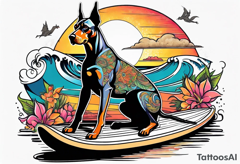 doberman smoking a cigar on a surfboard with a goat with larger horns tattoo idea