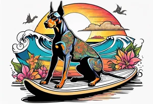 doberman smoking a cigar on a surfboard with a goat with larger horns tattoo idea