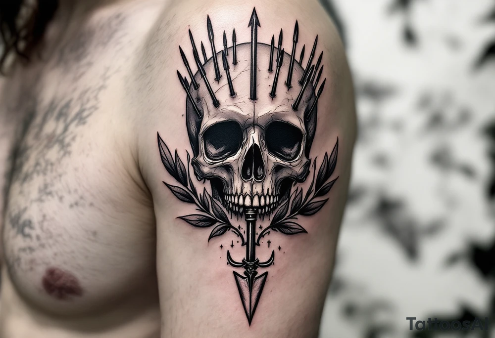 a skull whose head  stand out by needles and under the head come down an  arrow and surrounded  by two olive tree leaf around tattoo idea