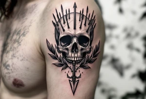 a skull whose head  stand out by needles and under the head come down an  arrow and surrounded  by two olive tree leaf around tattoo idea