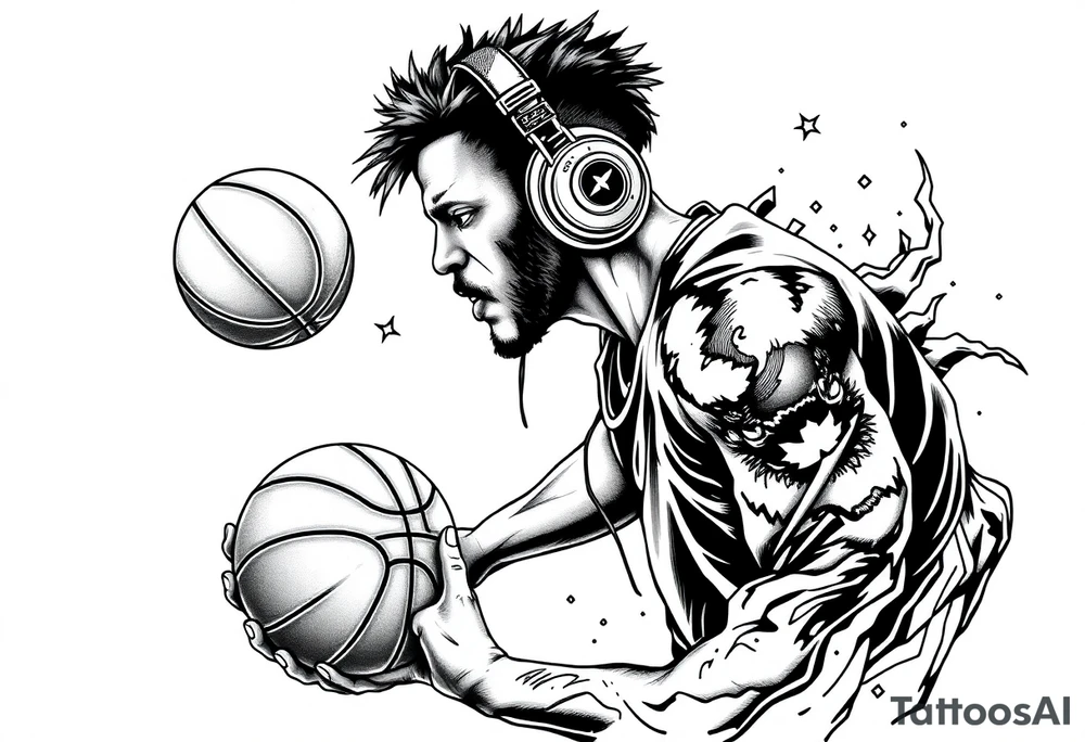 A guy dribbling a basketball with headphones on tattoo idea