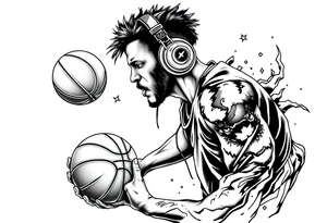 A guy dribbling a basketball with headphones on tattoo idea