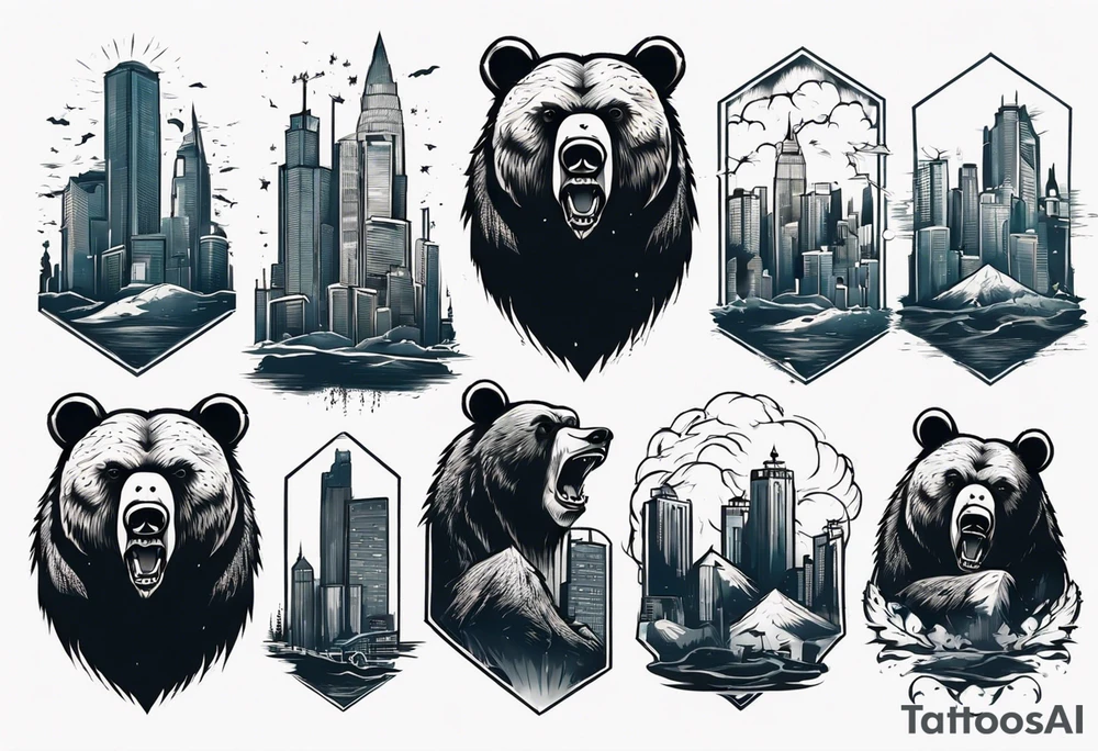 Serious bear coming up behind a city tattoo idea