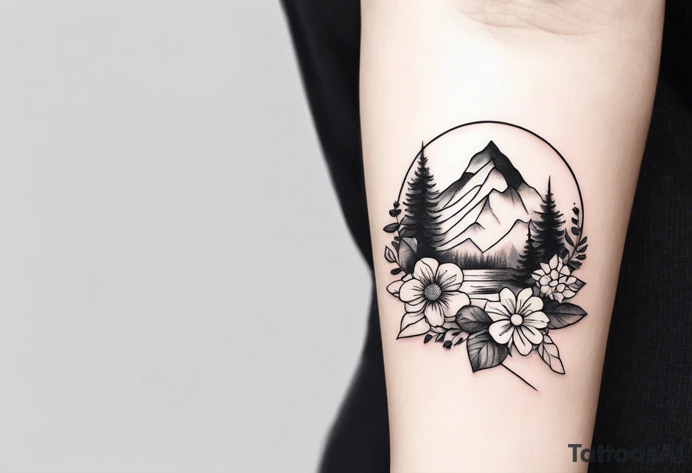 very very very small minimalist tattoo for female arm mountain and flowers tattoo idea