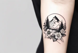 very very very small minimalist tattoo for female arm mountain and flowers tattoo idea
