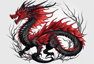 Black dragon. Red Lycoris radiata. Lightning. No background. tattoo idea